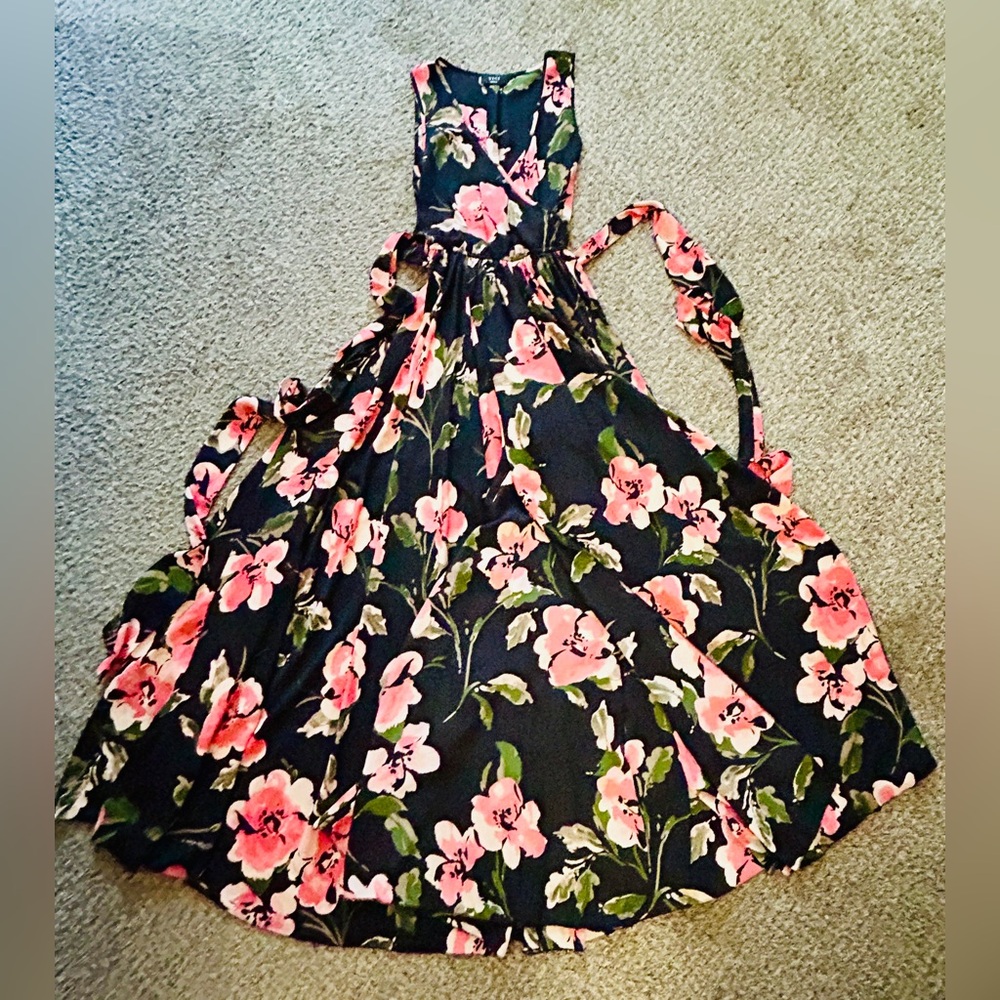 VICI black Sleeveless Floral Wrap Maxi Dress S - Tie Belt Side Slit Flowy Long